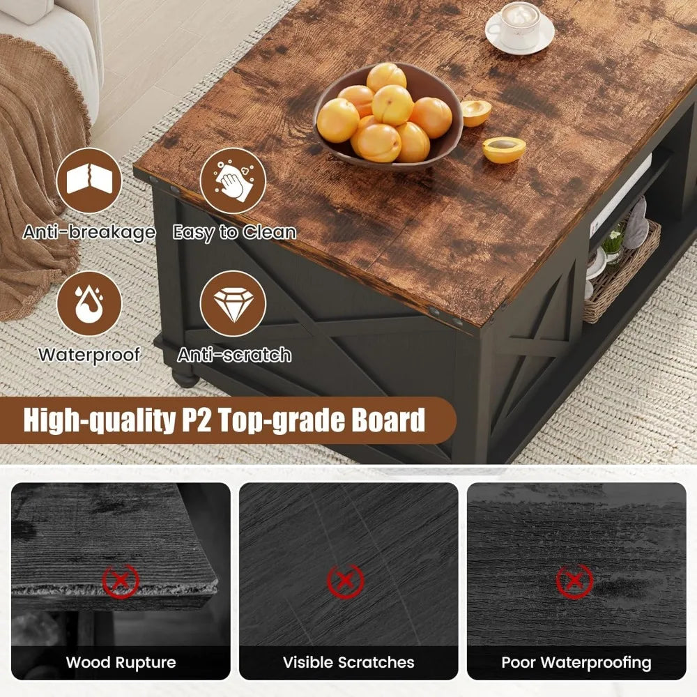 48 Farmhouse Lift Top Coffee Table with Storage Sliding Barn Door and Hidden Compartment