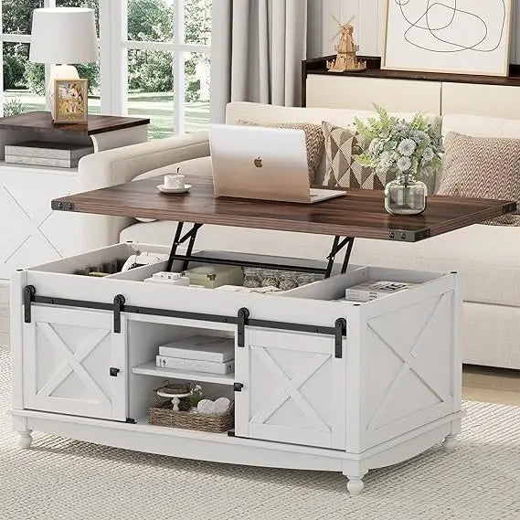 48 Farmhouse Lift Top Coffee Table with Storage Sliding Barn Door and Hidden Compartment