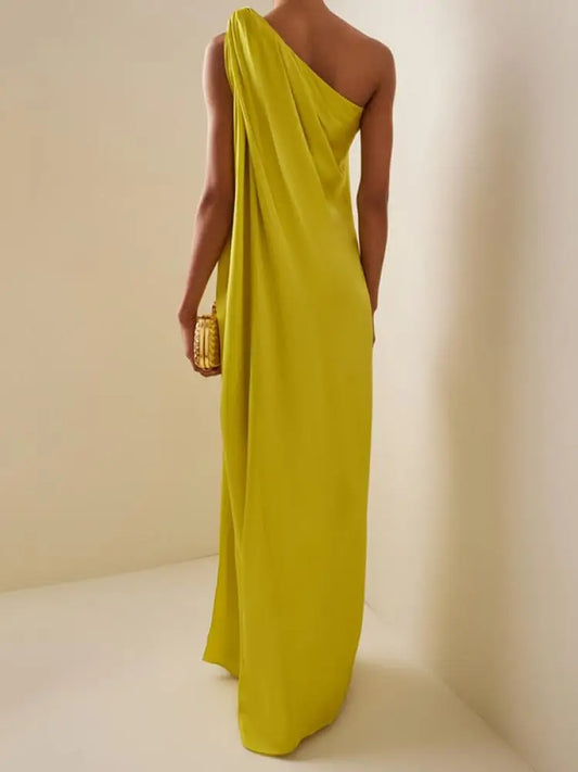 One Shoulder Halter Prom Dress With Pleated Split Side