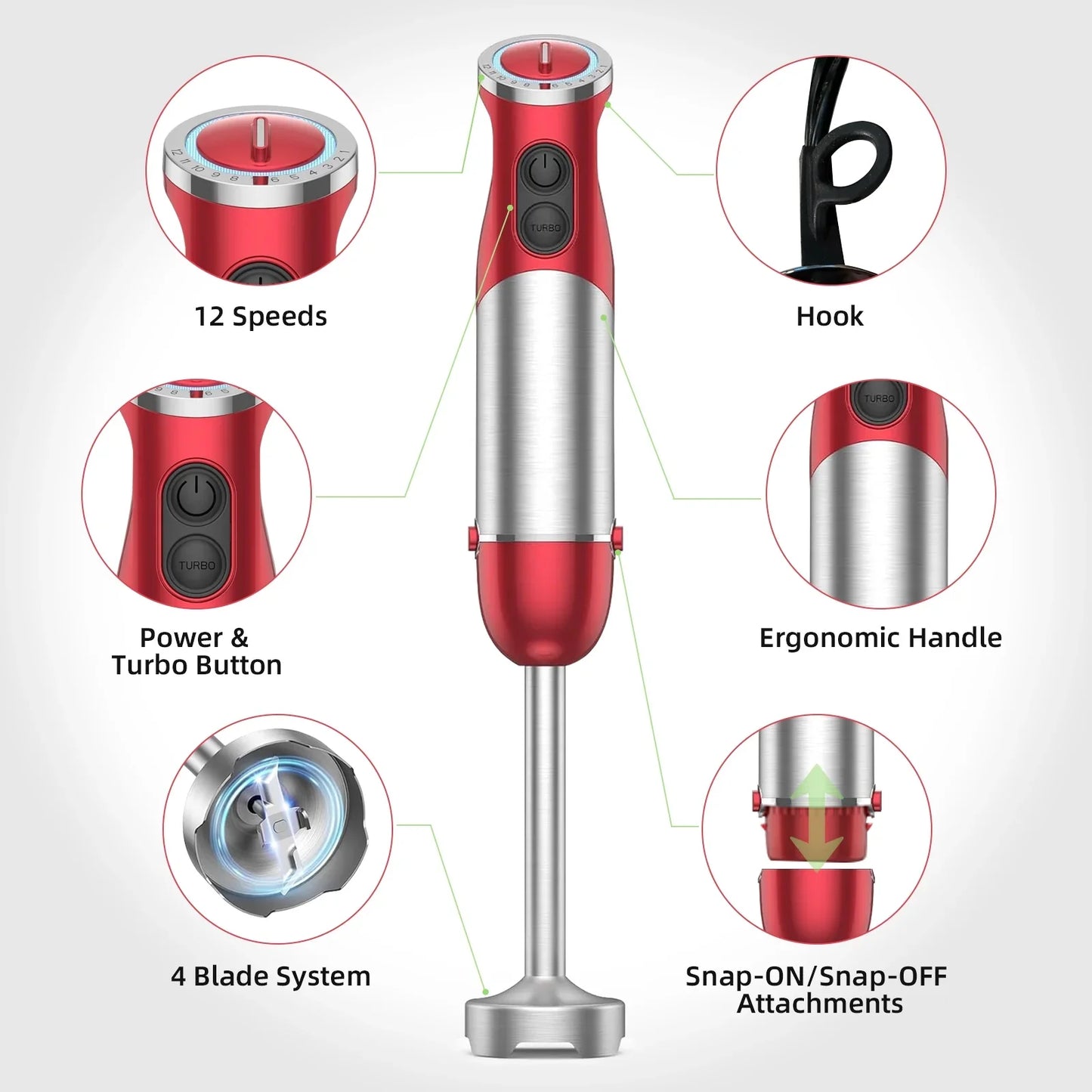Handheld Kitchen Blender 5-in-1 1000W 12-Speed Multi-Purpose Stick Blender for Food Soups Purees and Cakes