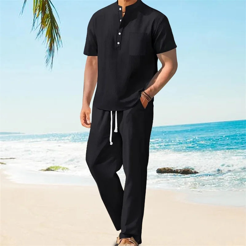 Mens Casual Henley Set With Drawstring Pants Outfit