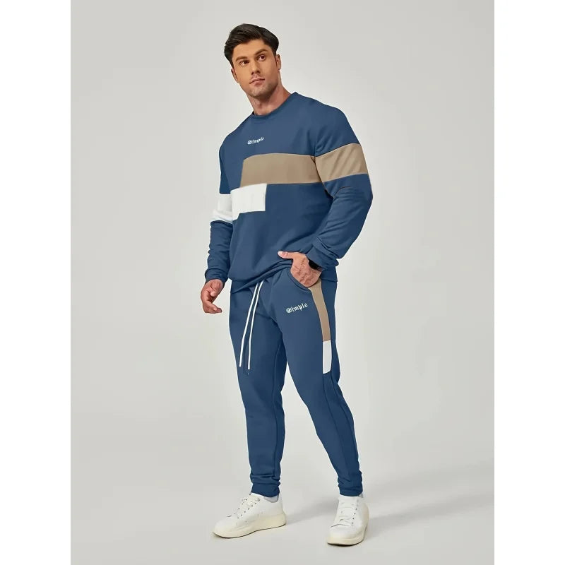 Men's Casual Color Block Sweatshirt and Jogger Pants Set