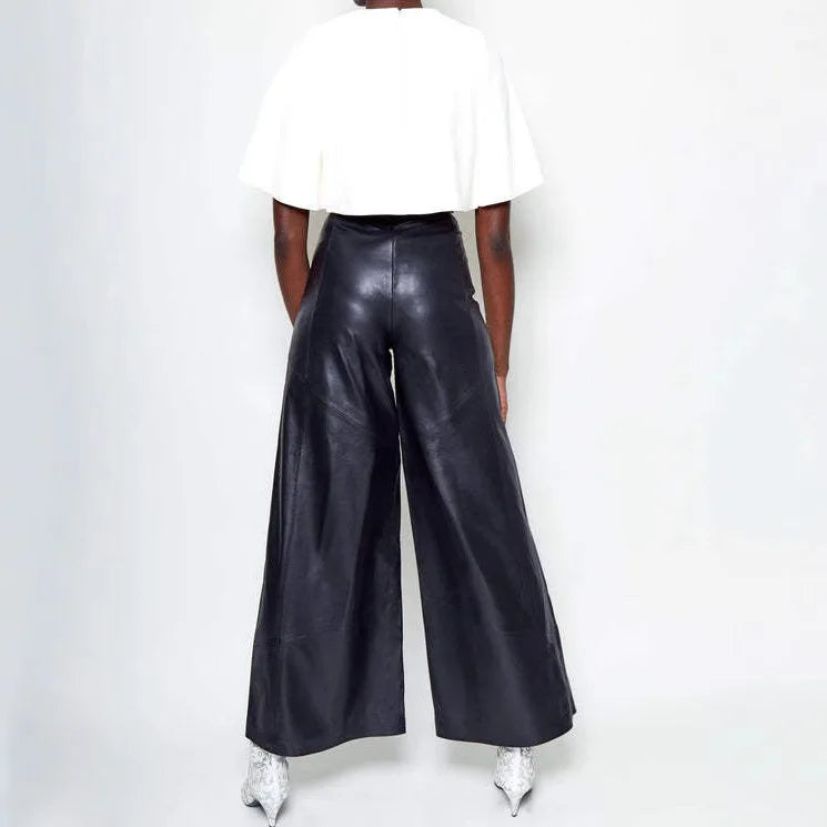 High Waist Wide Leg Leather Pants for Women
