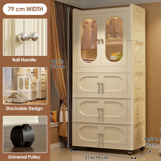 Foldable Kids Wardrobe Storage Cabinet with Magnetic Doors and Wheels