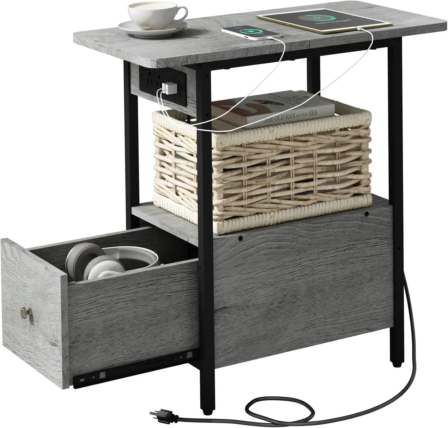 End Table with Charging Station and Spacious Drawer