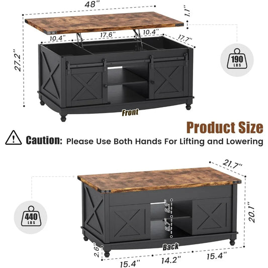 48 Farmhouse Lift Top Coffee Table with Storage Sliding Barn Door and Hidden Compartment