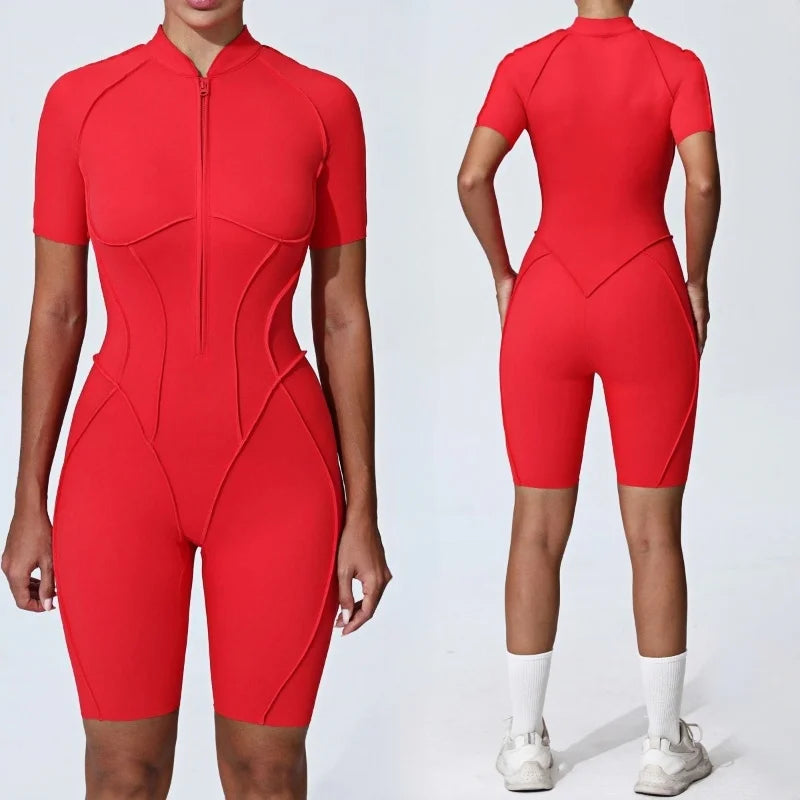Zipper Short Sleeve Fitness Jumpsuit for Women Gym Workouts