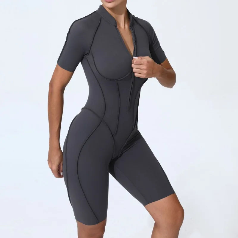 Zipper Short Sleeve Fitness Jumpsuit for Women Gym Workouts