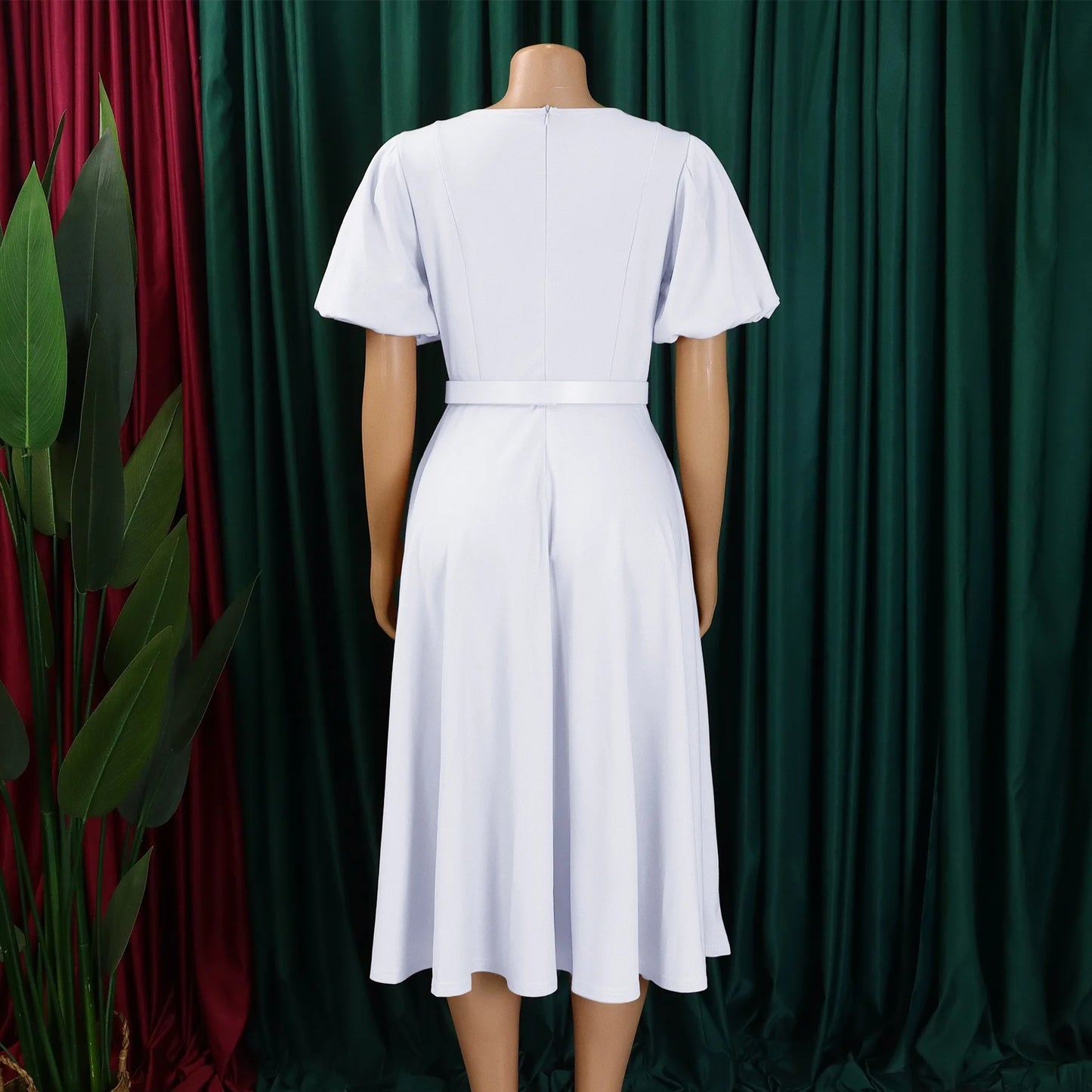 African Women O Neck Short Sleeve Belted Pleated Midi Dress