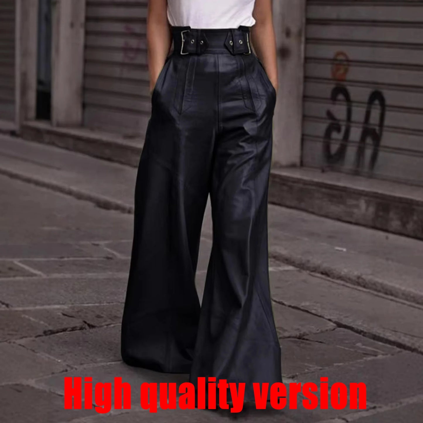 High Waist Wide Leg Leather Pants for Women