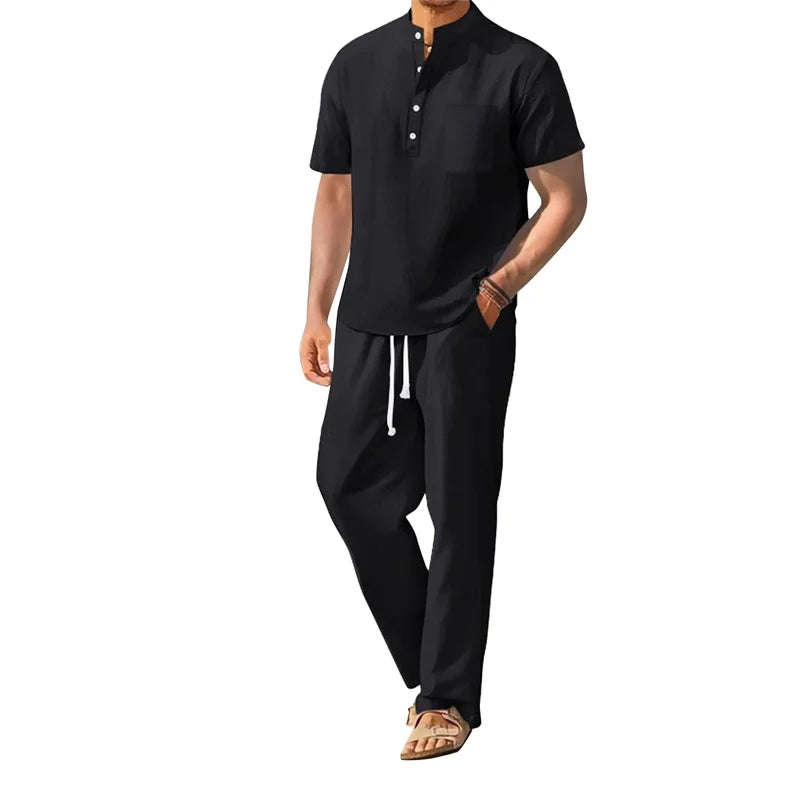 Mens Casual Henley Set With Drawstring Pants Outfit