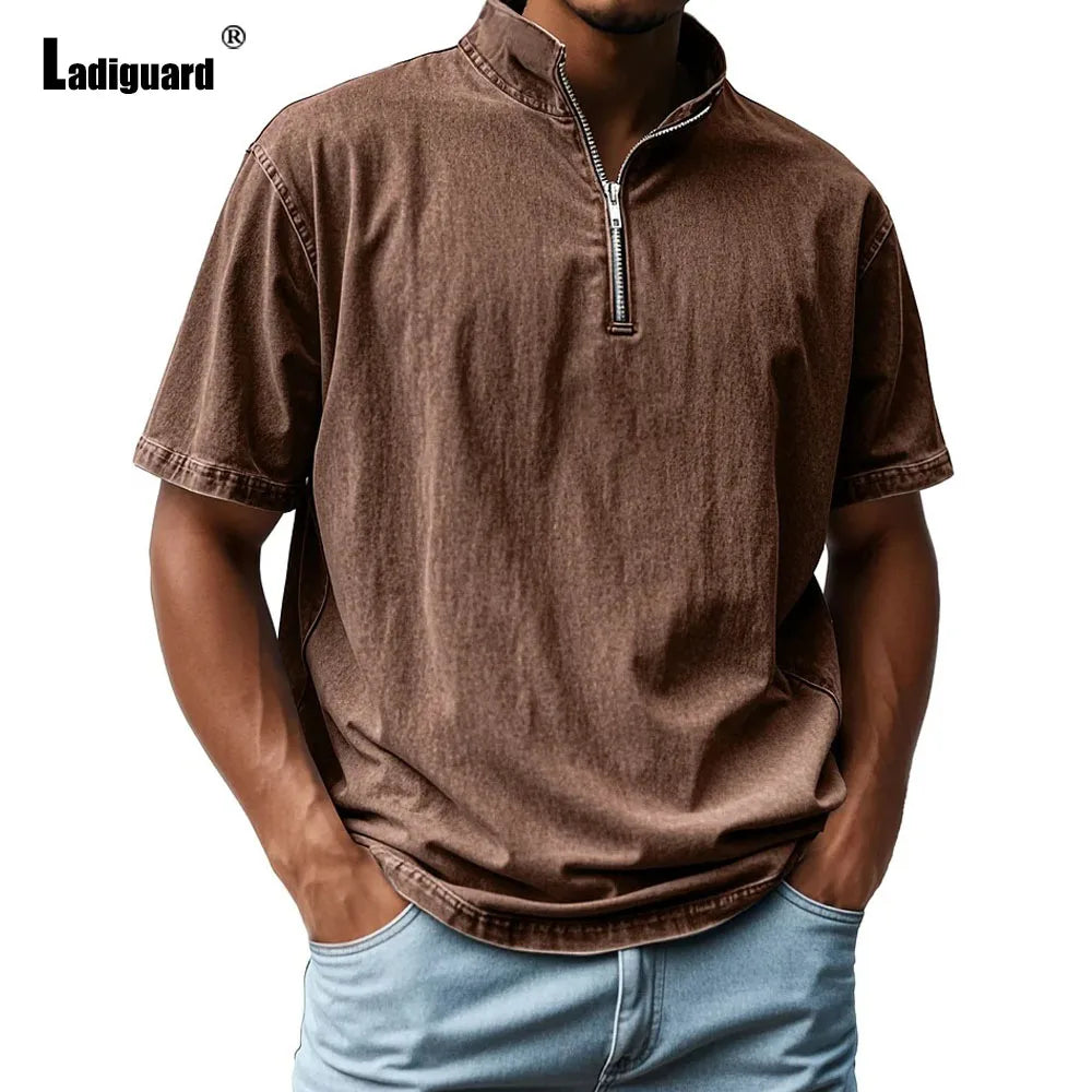 Men Short Sleeve Zipper Fly T Shirt Basic Vest Top