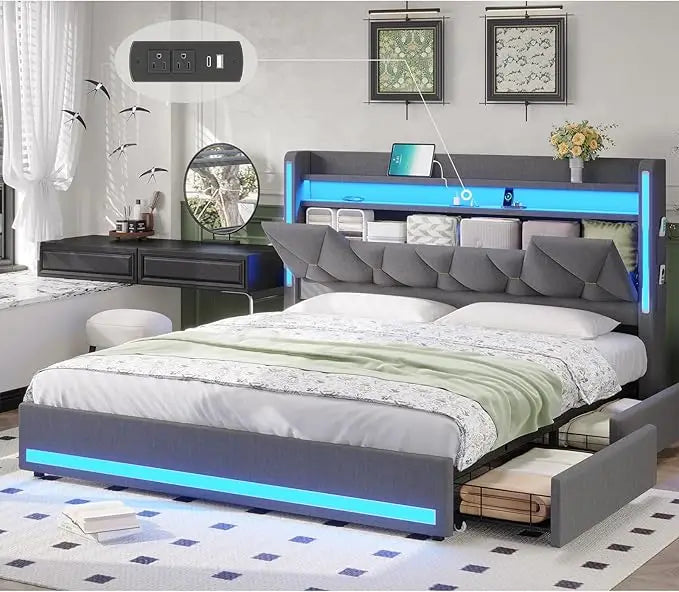 LED Queen Bed Frame with Storage Headboard and LED Lights with Charging Station