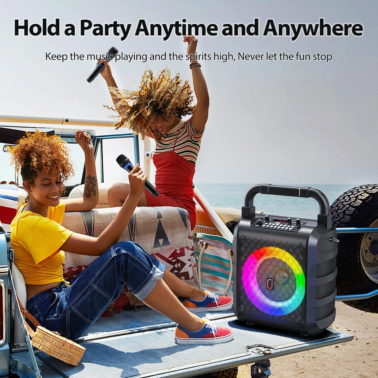 Bluetooth Karaoke Machine with Wireless Microphones and LED Light