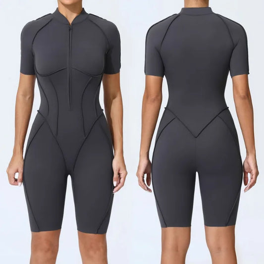 Zipper Short Sleeve Fitness Jumpsuit for Women Gym Workouts