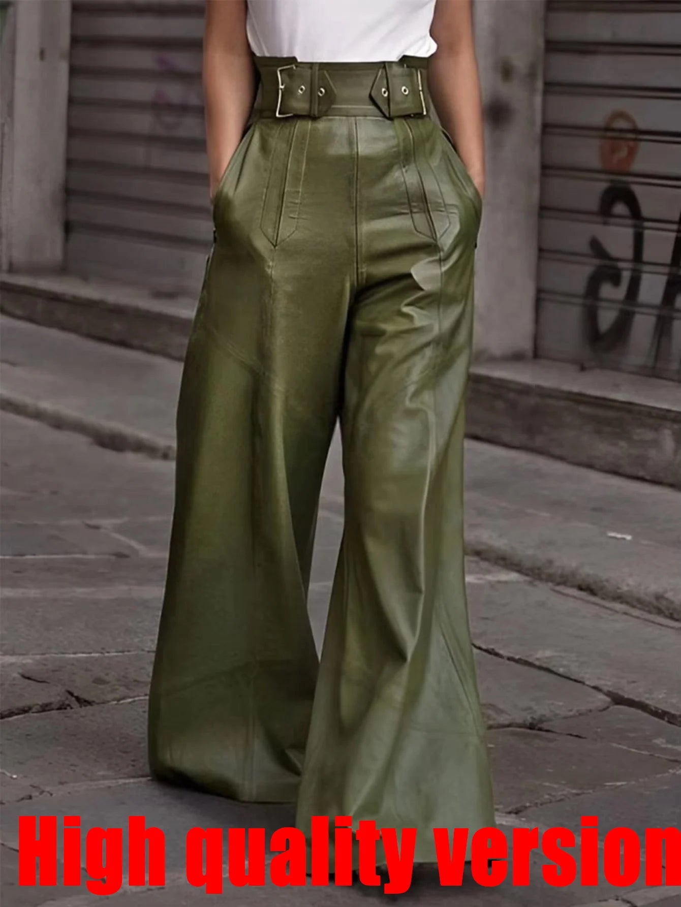 High Waist Wide Leg Leather Pants for Women