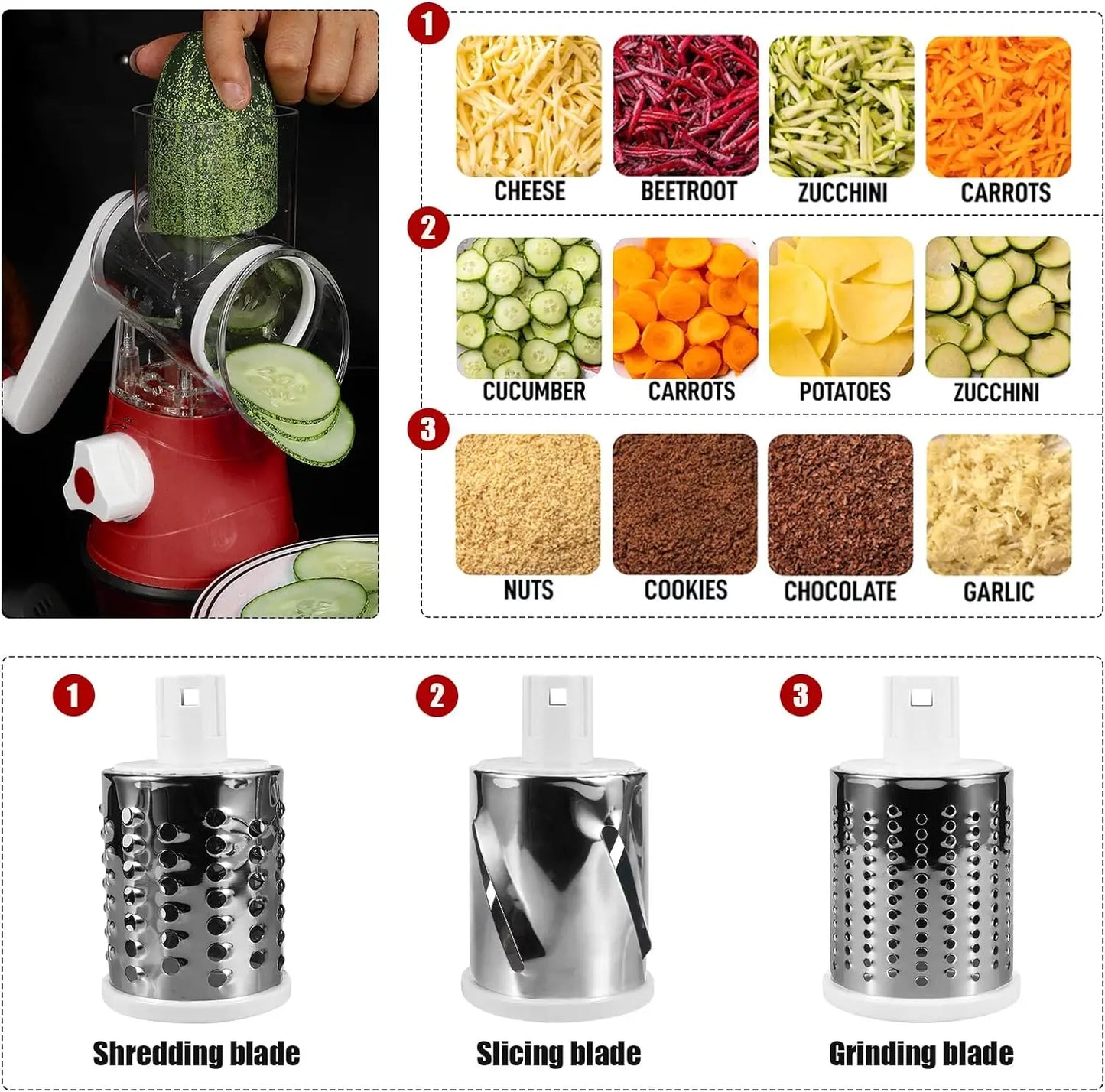 Rotary Cheese Grater with Three Blades for Quick Slicing