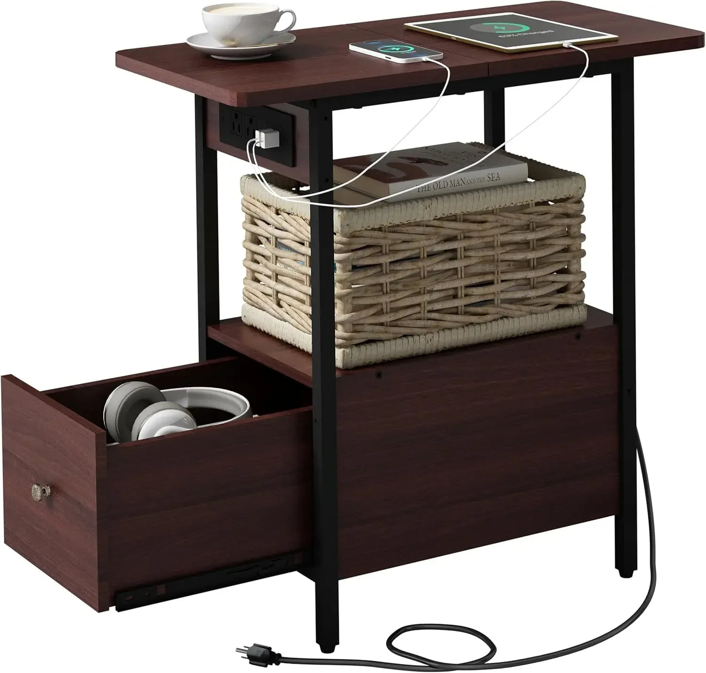 End Table with Charging Station and Spacious Drawer