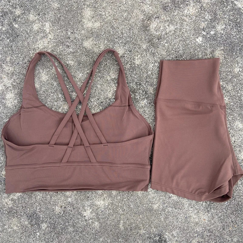 Women Yoga Set Cross Back Bra Top High Waist Shorts