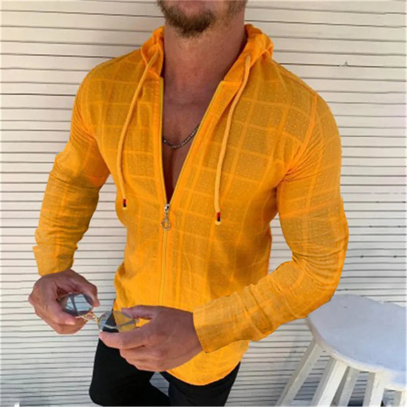 Mens Hooded Zip Tee Shirt With Plaid Print Casual Top