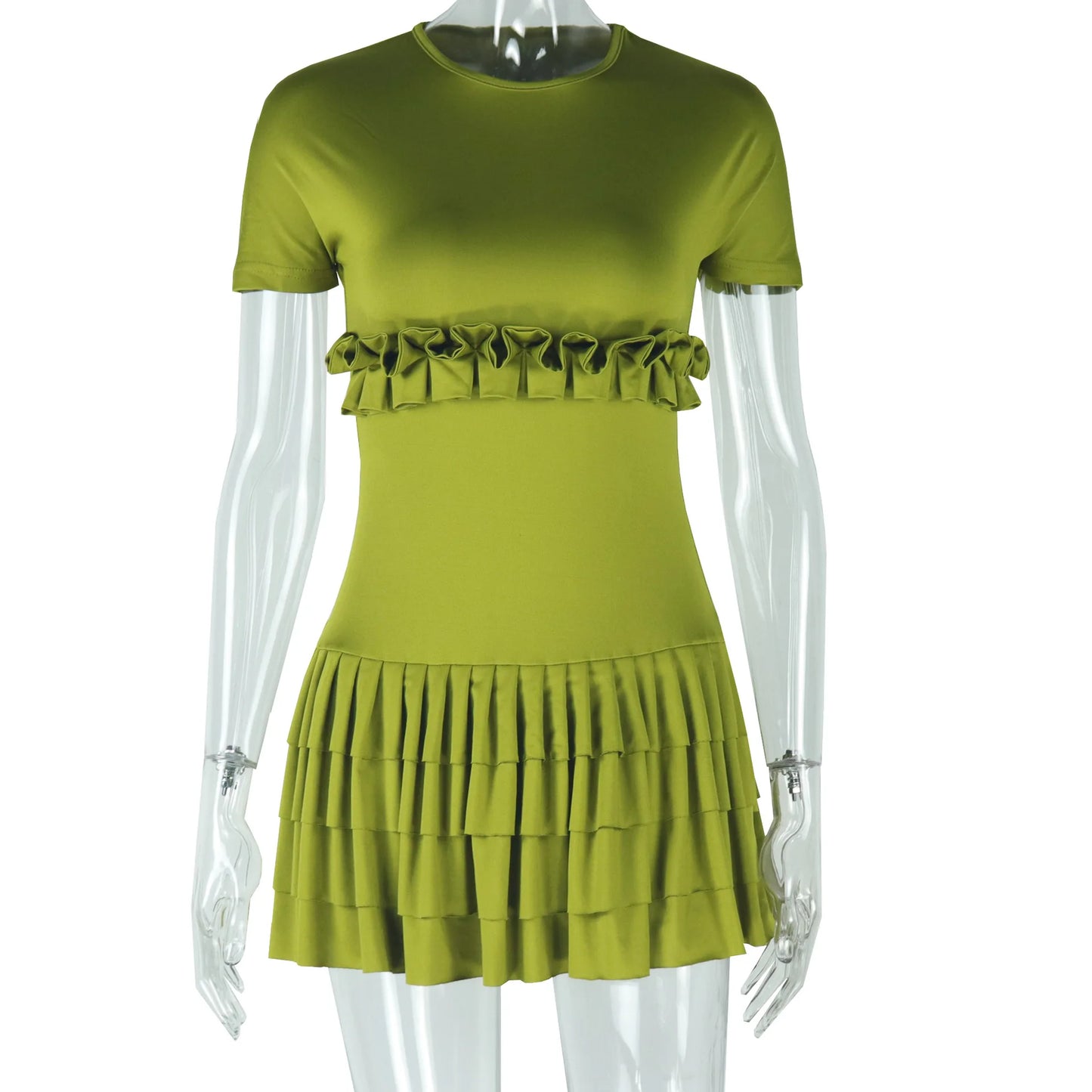 CMYAYA Women Short Sleeve O Neck Ruched Ruffles Mini Dress