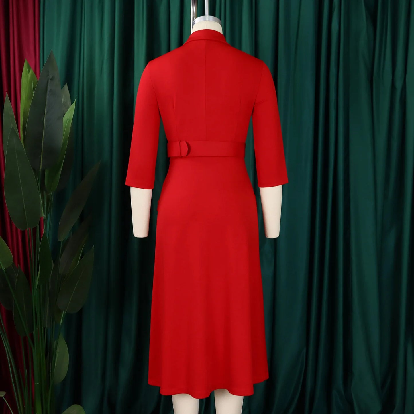 Notched Neck Elegant Midi Dress With Belt For Work Party