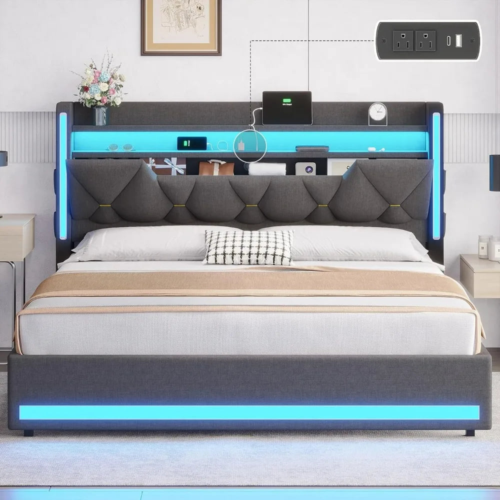 LED Queen Bed Frame with Storage Headboard and LED Lights with Charging Station
