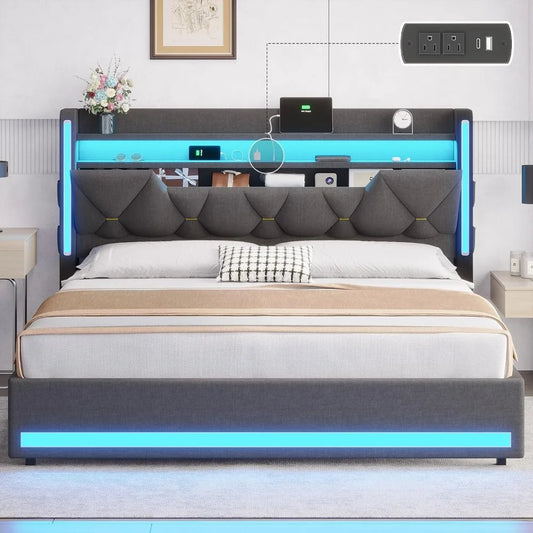LED Queen Bed Frame with Storage Headboard and LED Lights with Charging Station