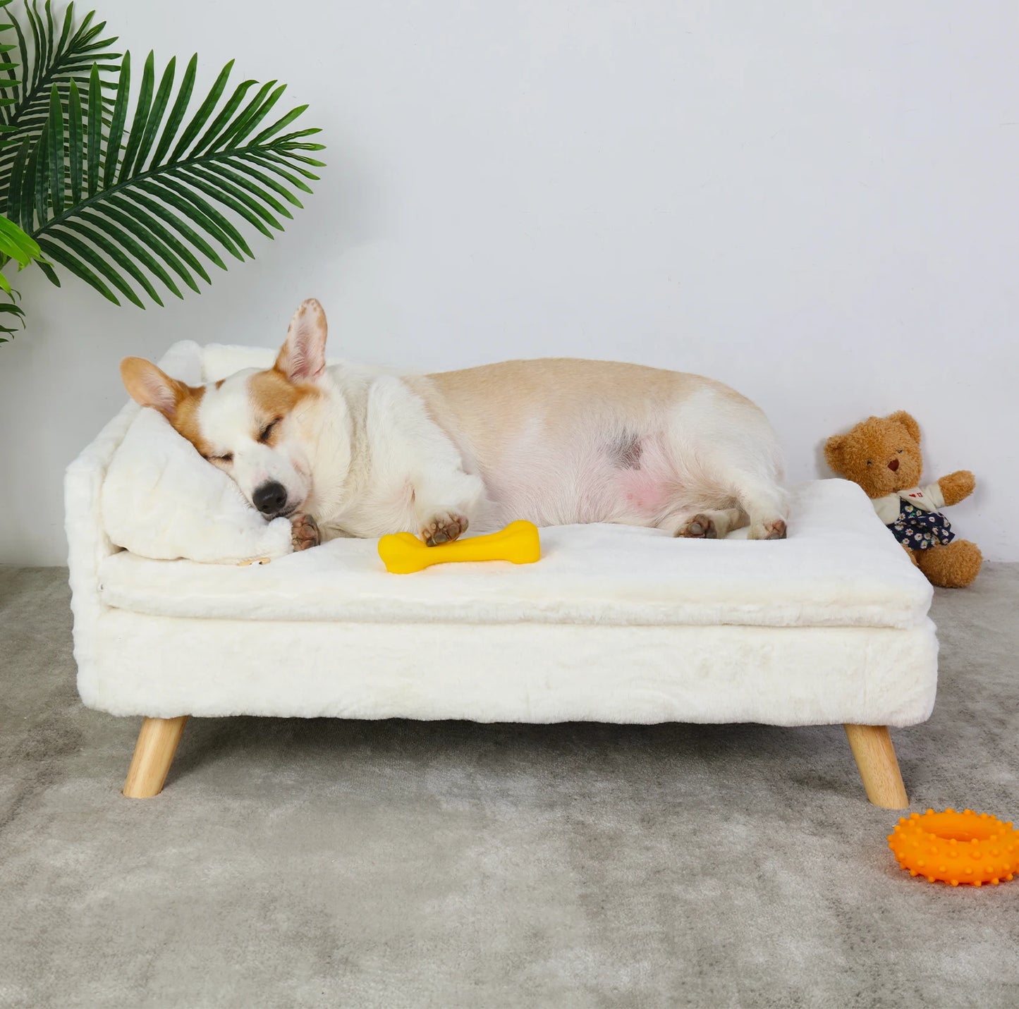 Elevated Pet Bed Solid Wood Leg Dog Cat Sofa for Indoor L Shape Plush Couch