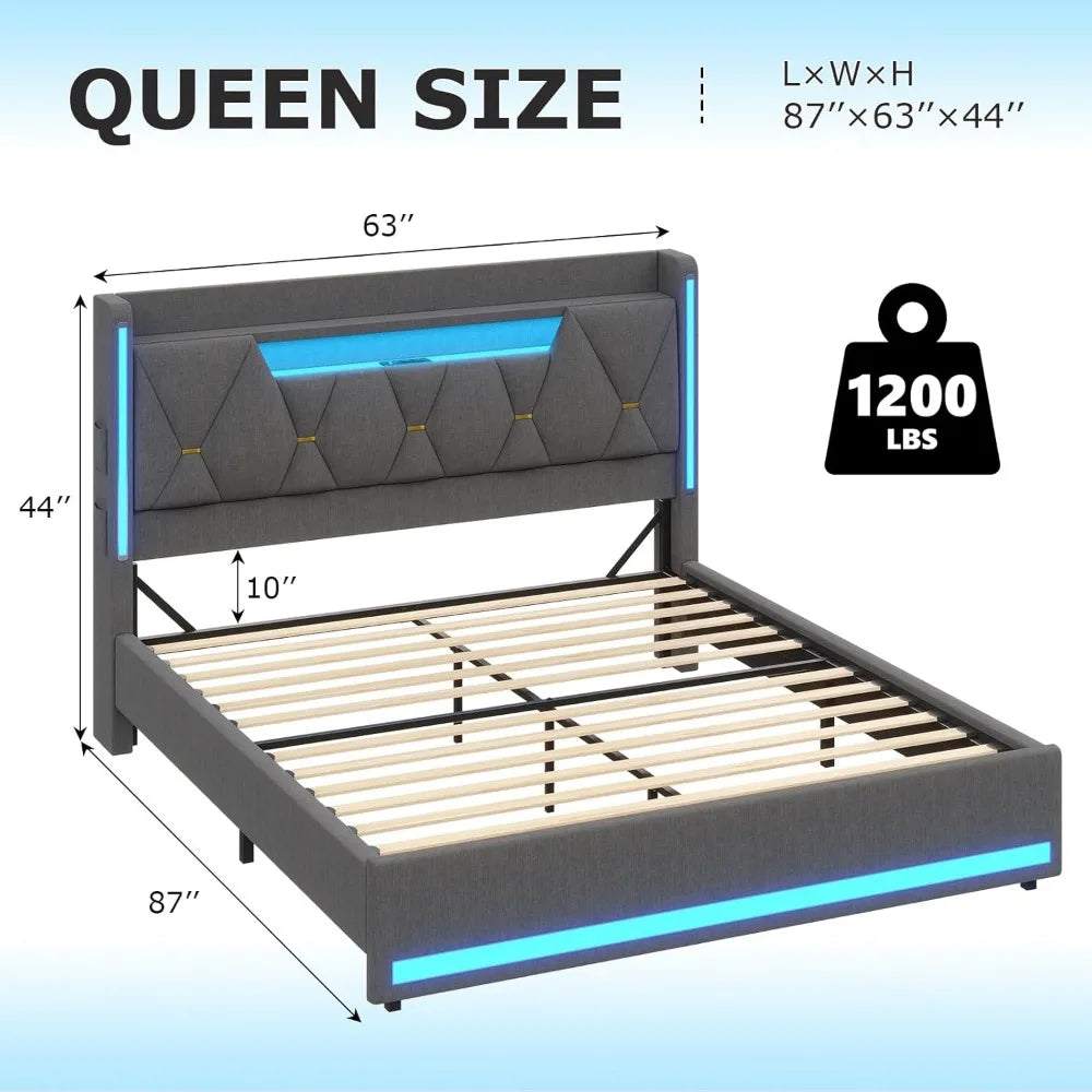 LED Queen Bed Frame with Storage Headboard and LED Lights with Charging Station