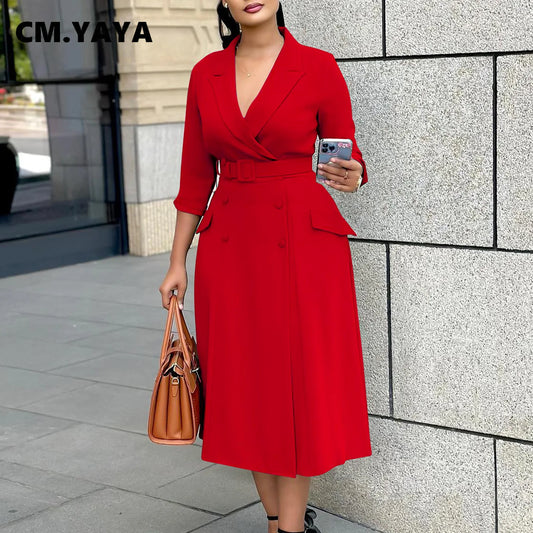 CM.YAYA Women Notched Neck Elegant Full Sleeve Midi Dress 2024 Fall  OL Work Belt Streetwear Africa Party Club Dresses Vestidos