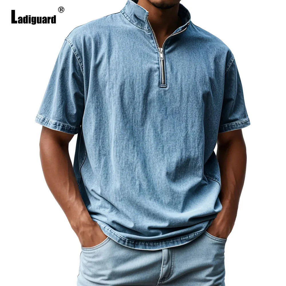 Men Short Sleeve Zipper Fly T Shirt Basic Vest Top