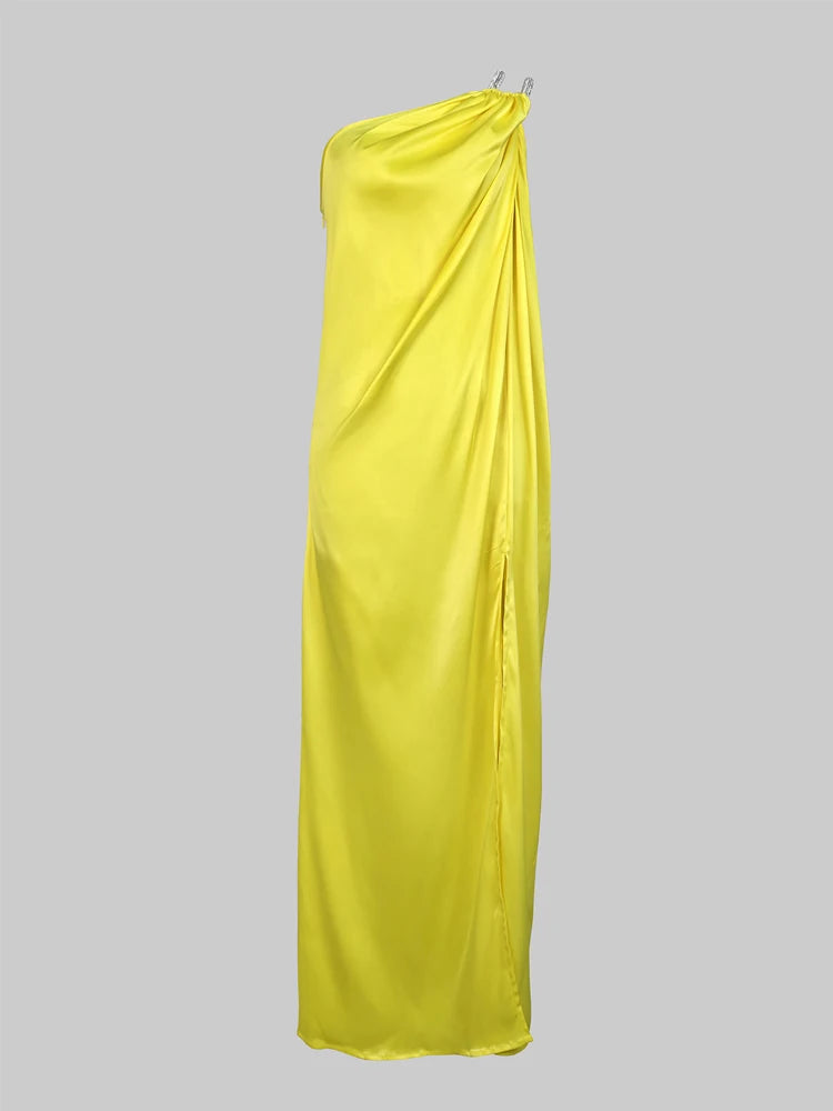 One Shoulder Halter Prom Dress With Pleated Split Side