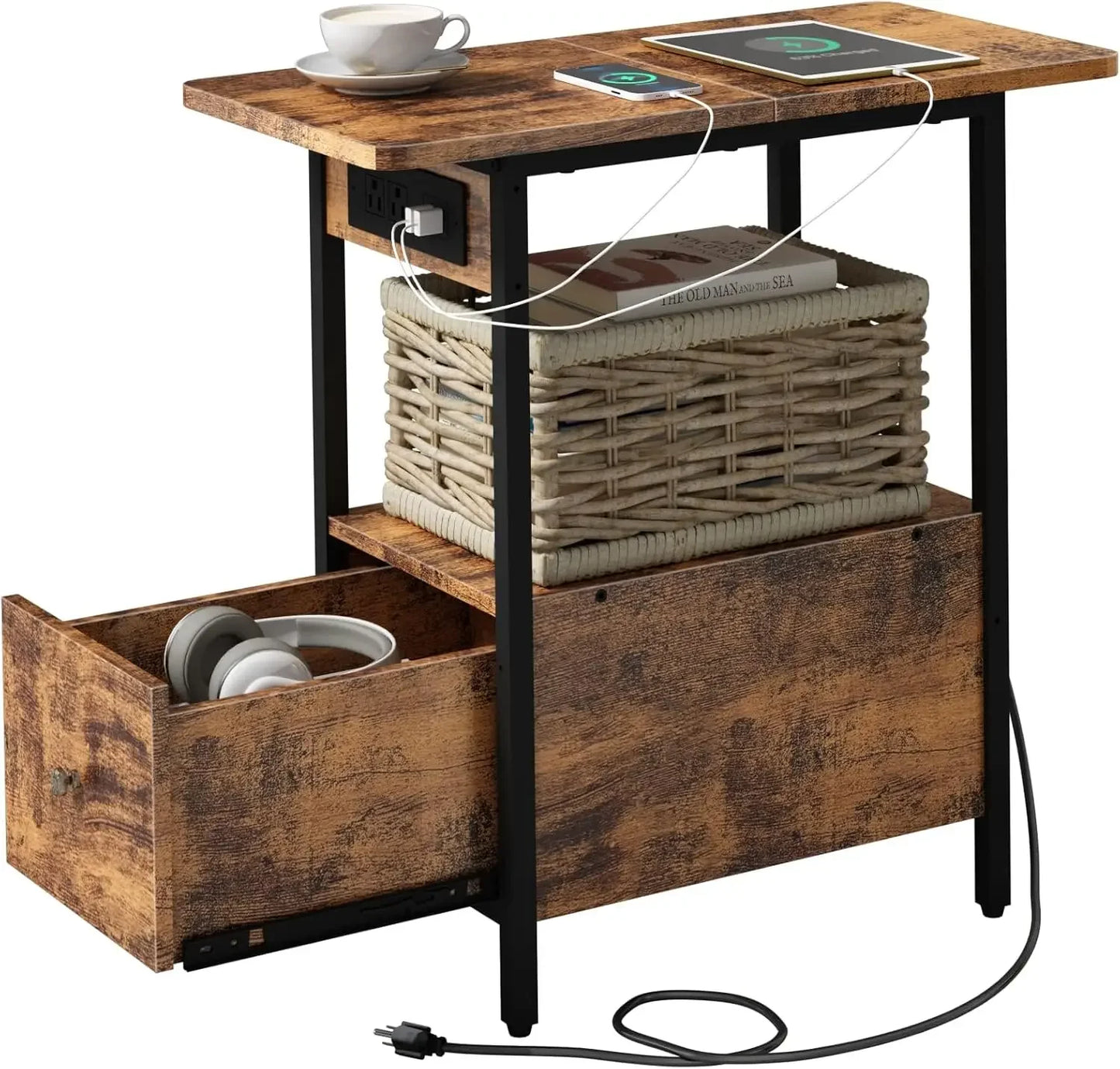 End Table with Charging Station and Spacious Drawer