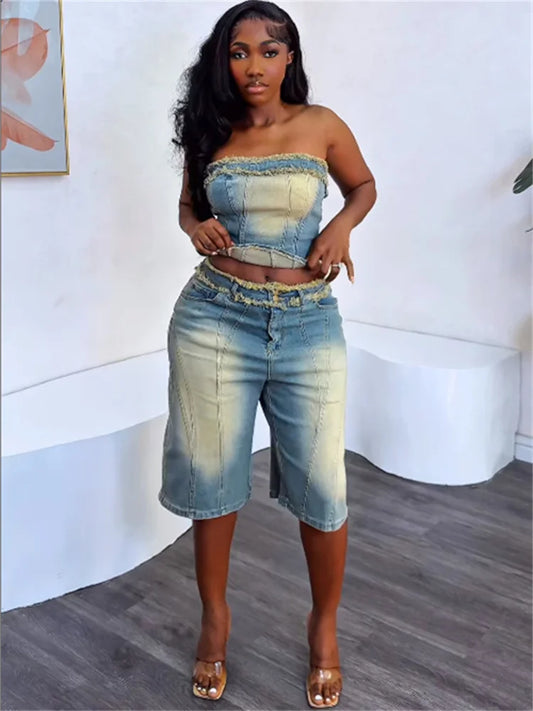 Weird Puss Cowboy 2 Piece Set Women Vintage Hipster Wrap Zip Backless Tube Tops+Button Straight Shorts Sexy Summer Matching Suit