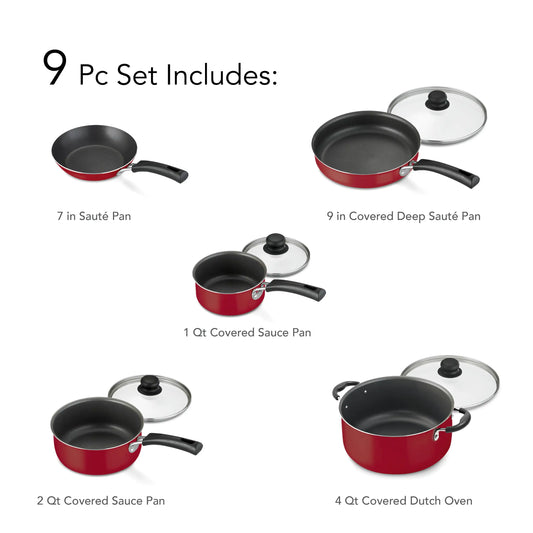 Beautiful and Practical 9-Piece Nonstick Cookware Set in Red for Everyday Kitchen Use