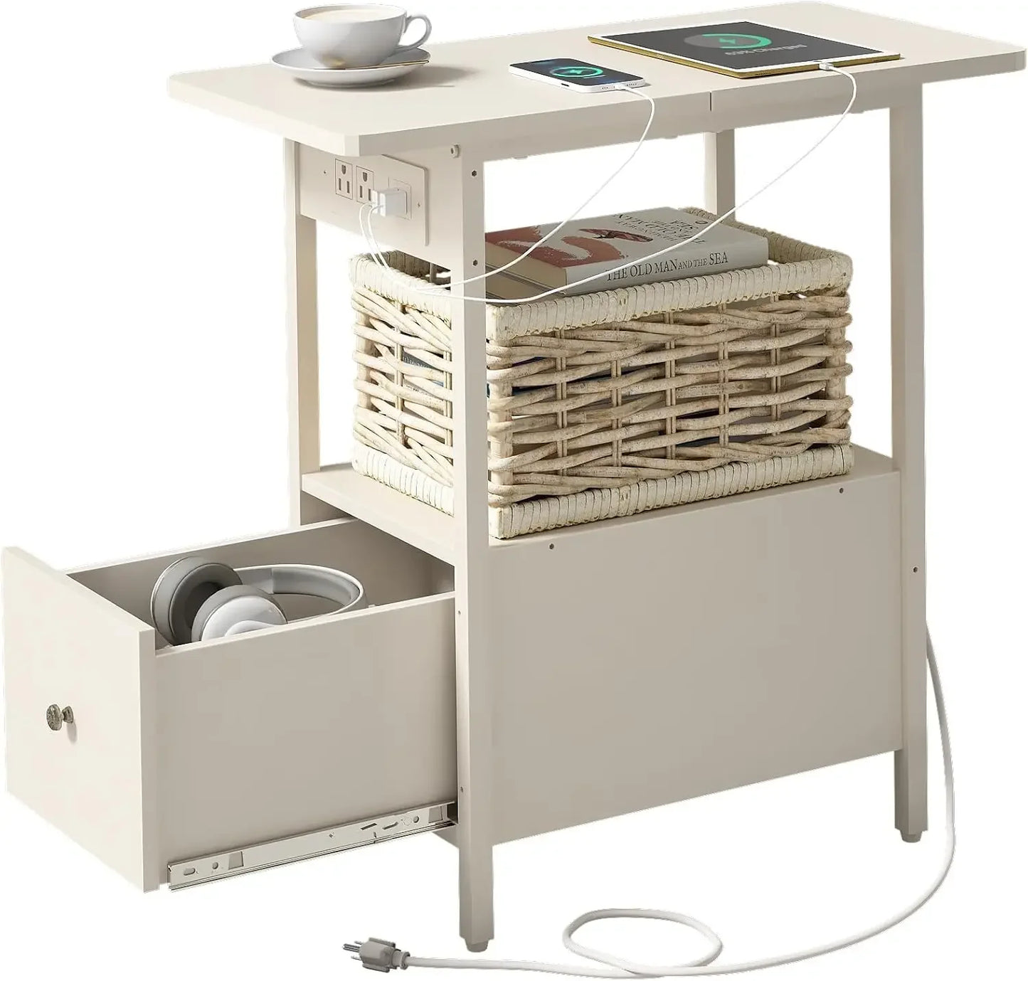 End Table with Charging Station and Spacious Drawer