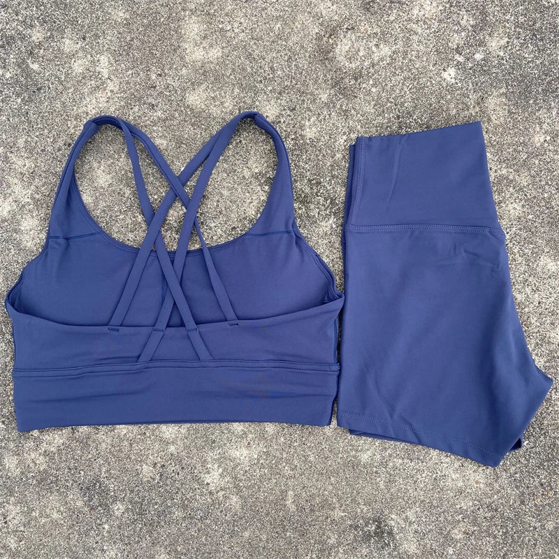 Women Yoga Set Cross Back Bra Top High Waist Shorts