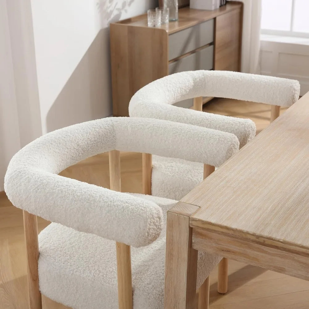 Modern Set of Two White Boucle Upholstered Dining Chairs