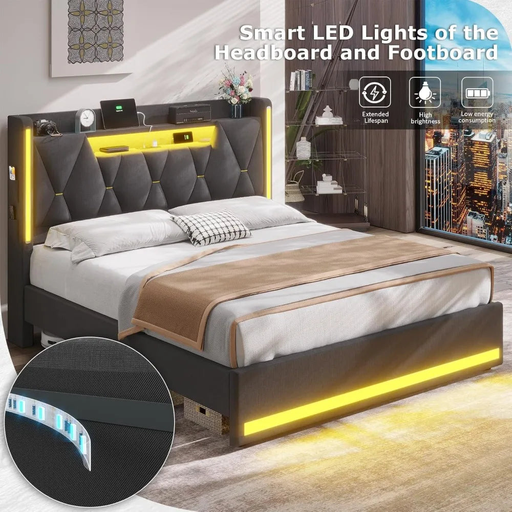 LED Queen Bed Frame with Storage Headboard and LED Lights with Charging Station