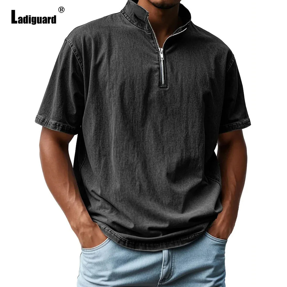 Men Short Sleeve Zipper Fly T Shirt Basic Vest Top