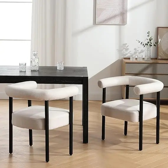 Modern Set of Two White Boucle Upholstered Dining Chairs