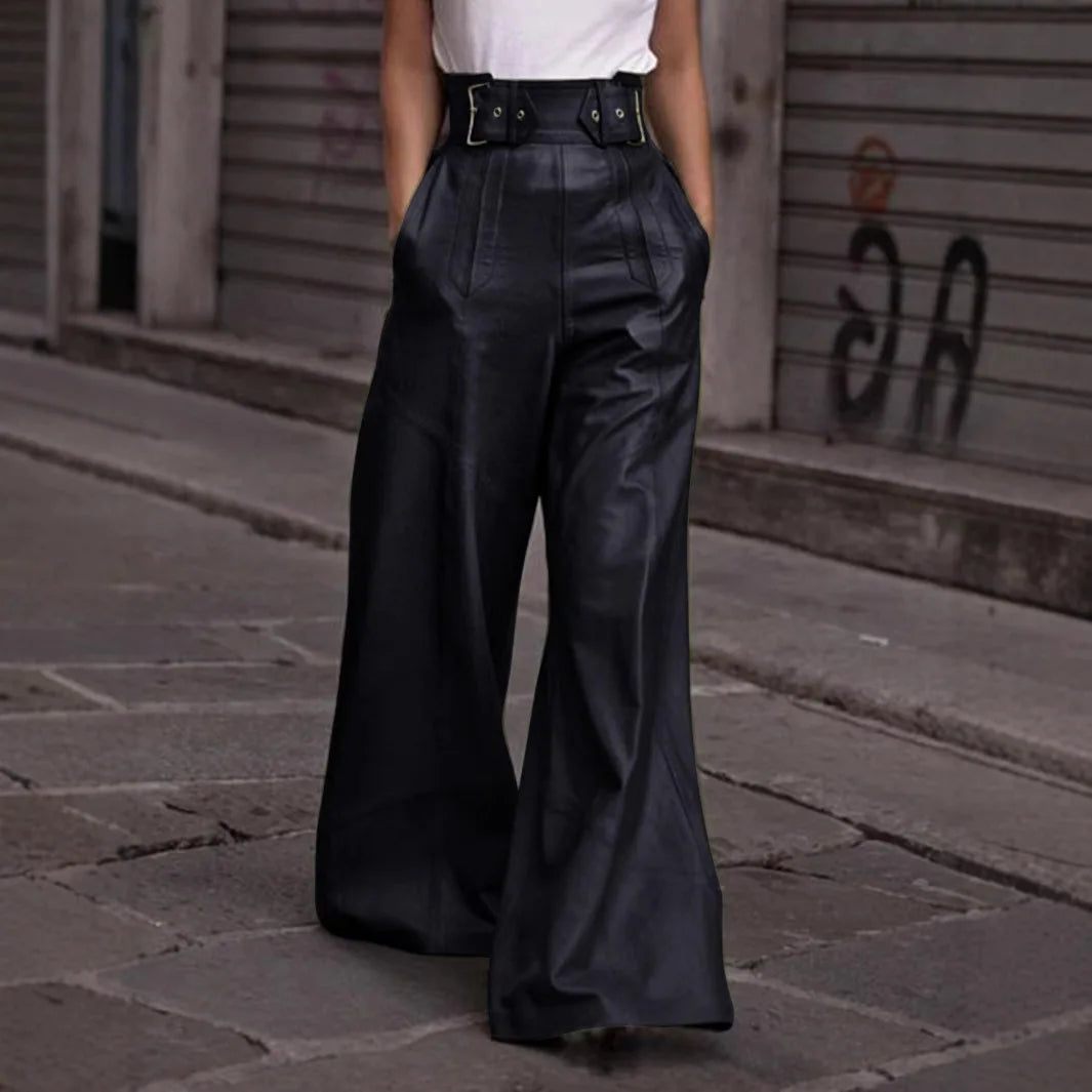 High Waist Wide Leg Leather Pants for Women