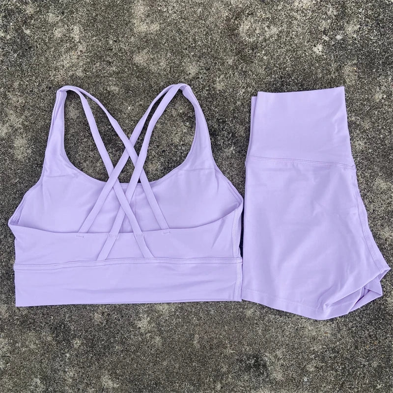 Women Yoga Set Cross Back Bra Top High Waist Shorts