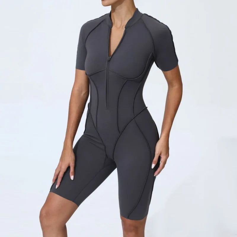 Zipper Short Sleeve Fitness Jumpsuit for Women Gym Workouts
