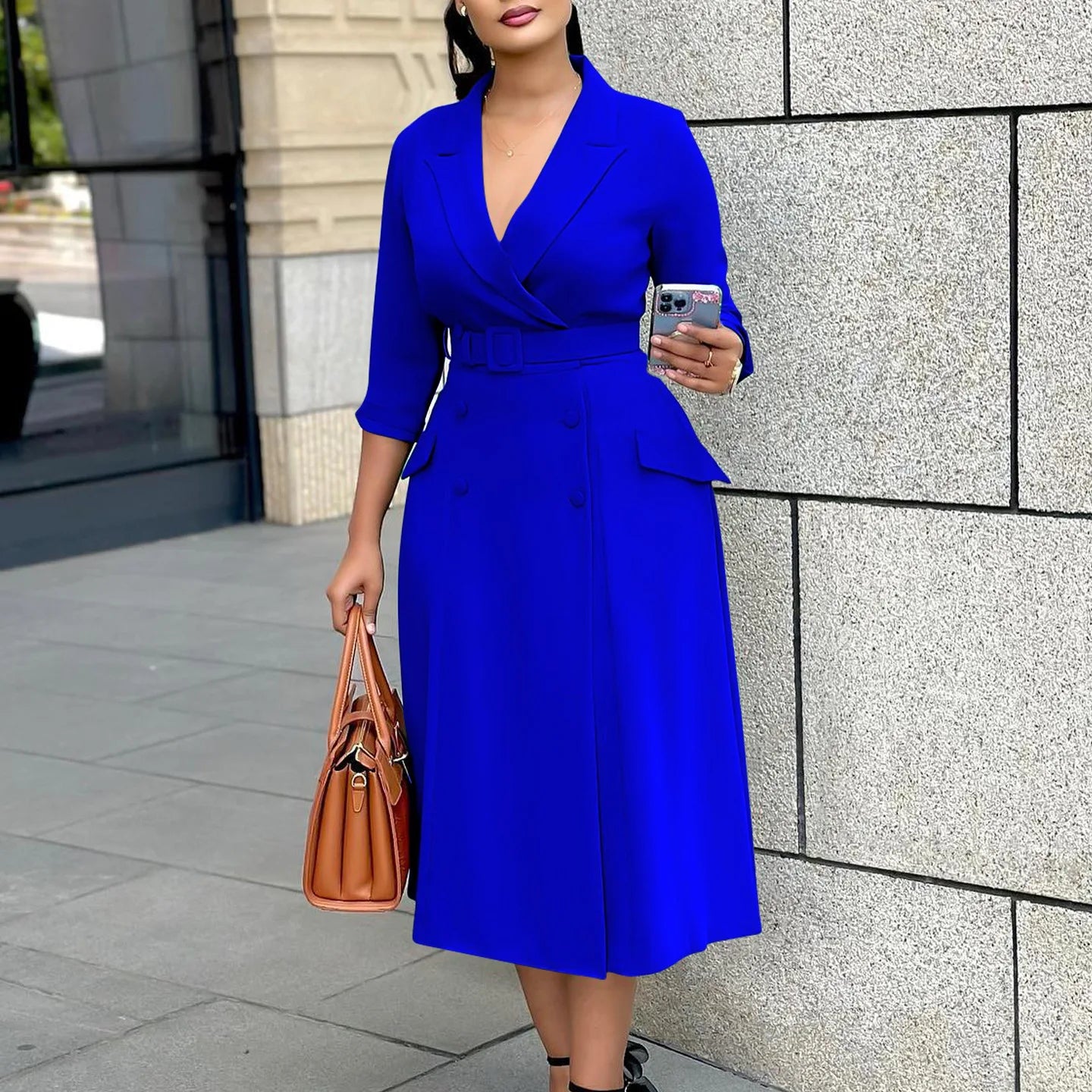 Notched Neck Elegant Midi Dress With Belt For Work Party