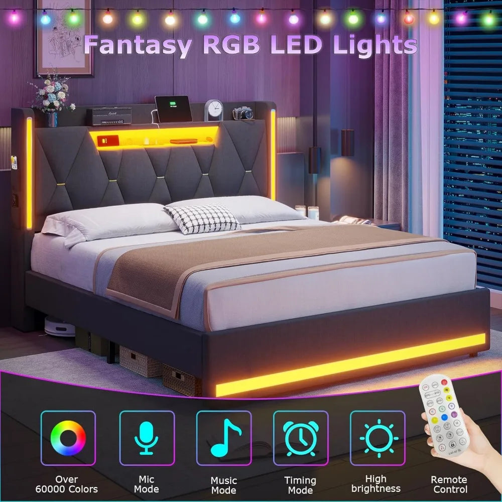 LED Queen Bed Frame with Storage Headboard and LED Lights with Charging Station