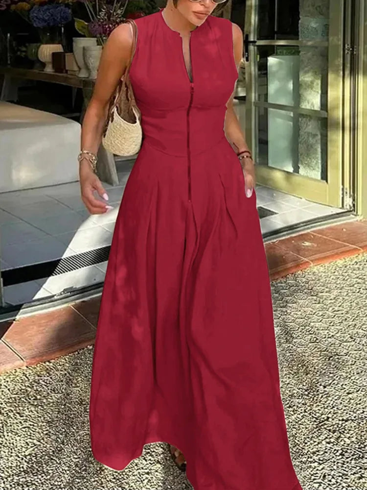 UOOZEE Pleated A Line Office Dress With Zipper Design