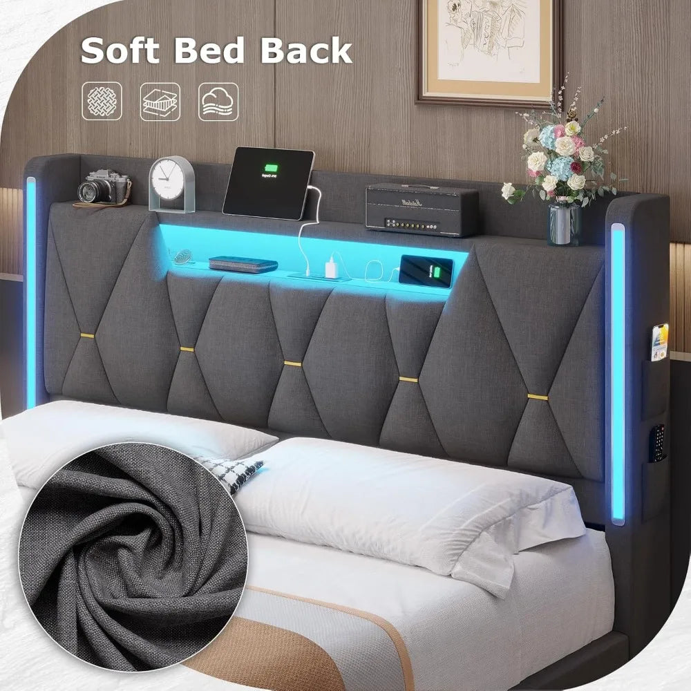 LED Queen Bed Frame with Storage Headboard and LED Lights with Charging Station