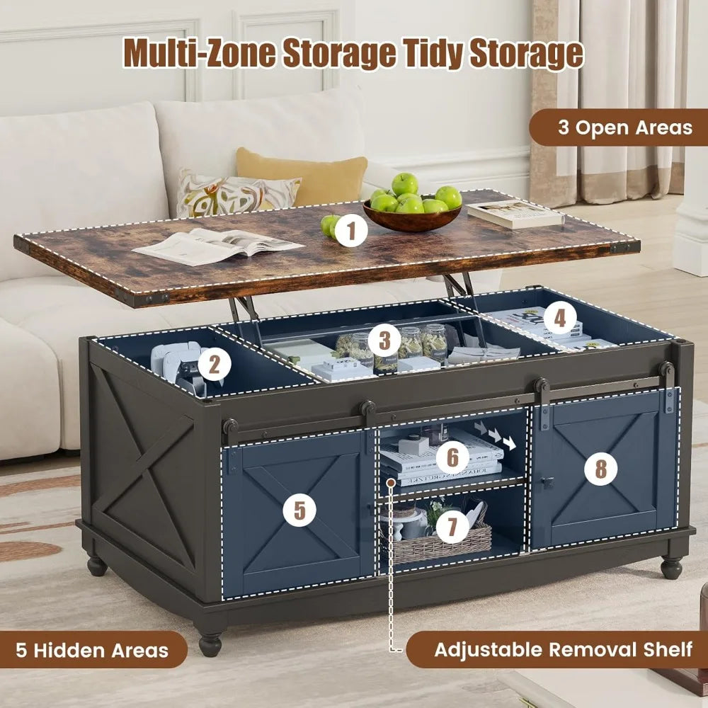 48 Farmhouse Lift Top Coffee Table with Storage Sliding Barn Door and Hidden Compartment